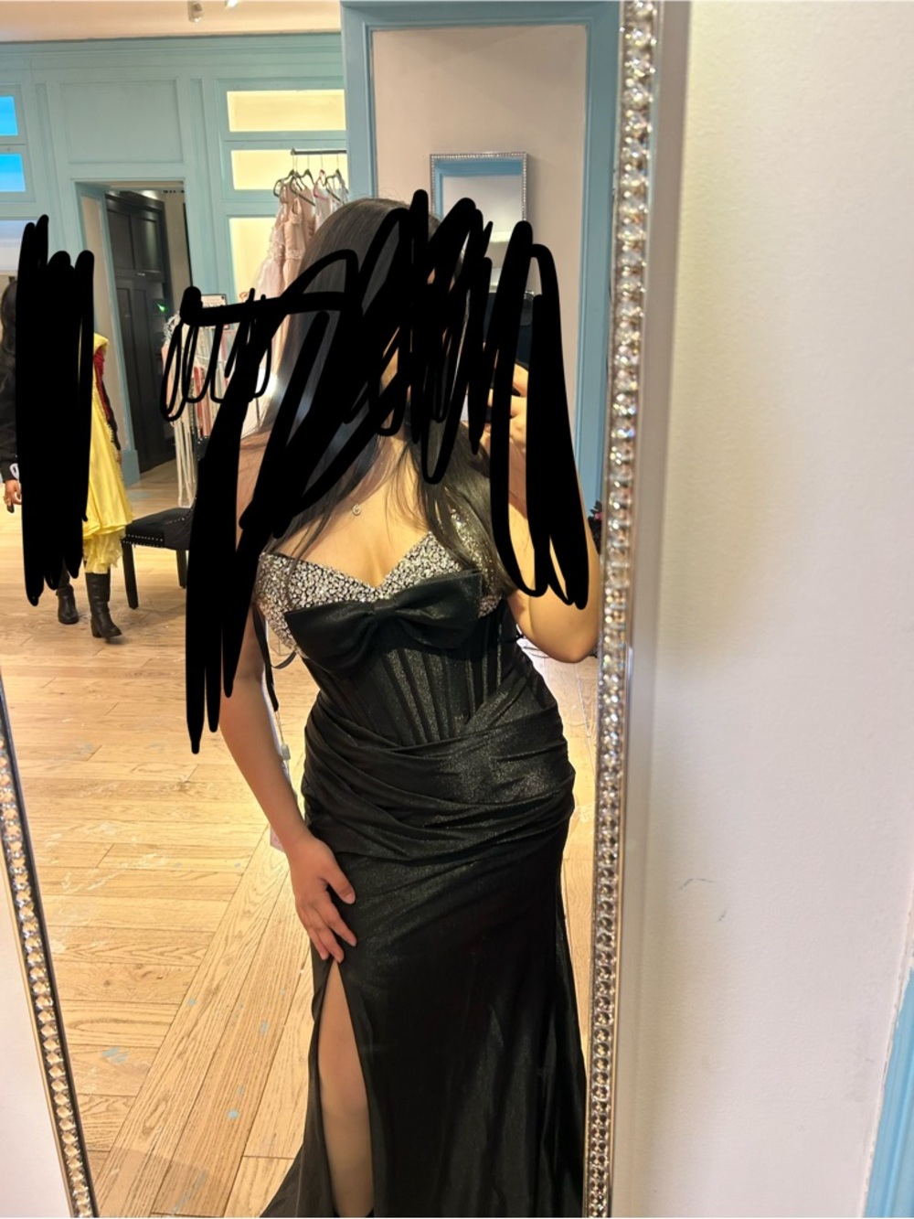 Black Evening Gown with Crystal-Trim Sweetheart Neckline